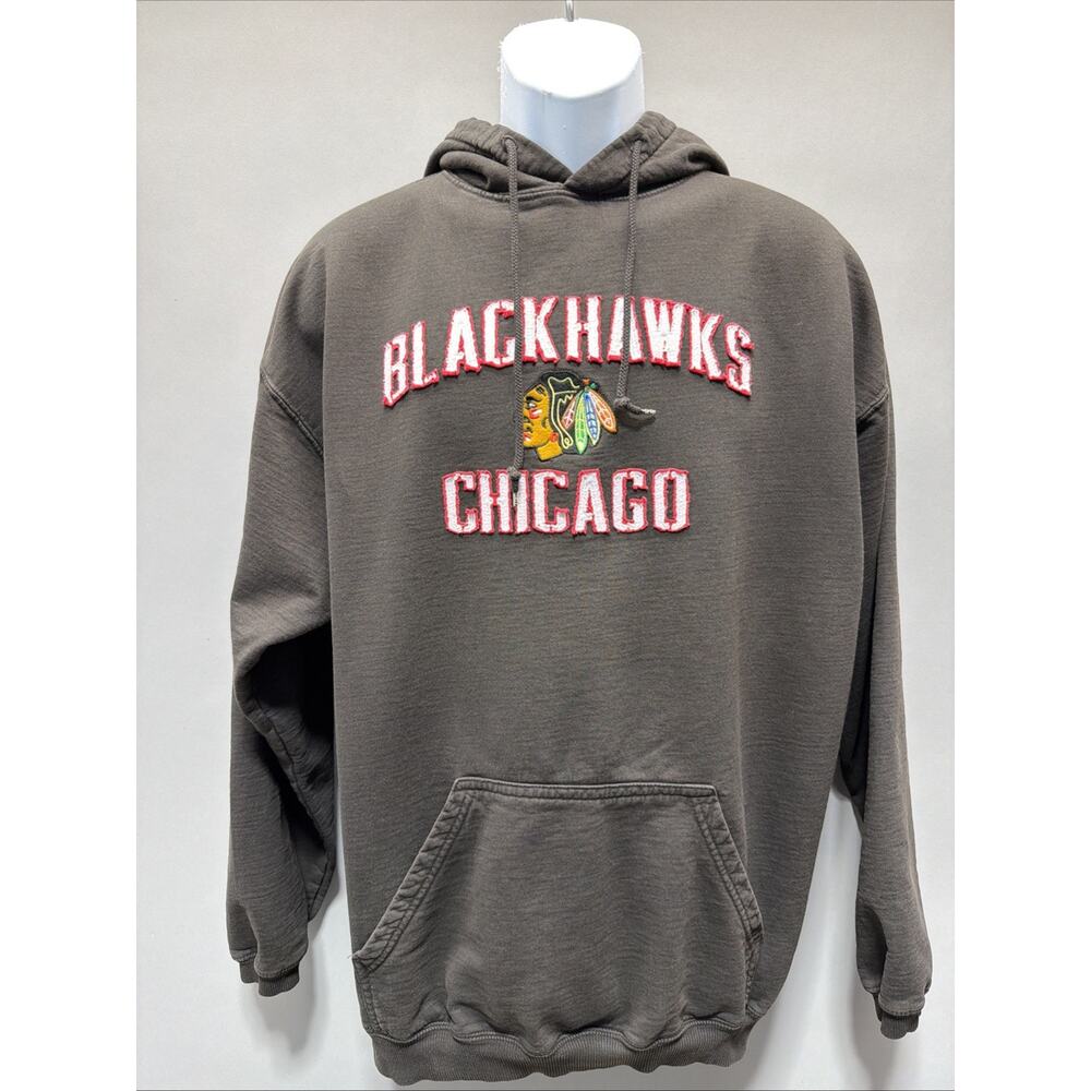 Chicago Blackhawks Men Large Brown NHL Hockey Pullover Embroidered Fleece Hoodie